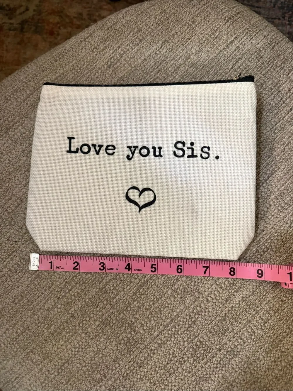 Love You Sis Canvas Zip Pouch -Cream and black